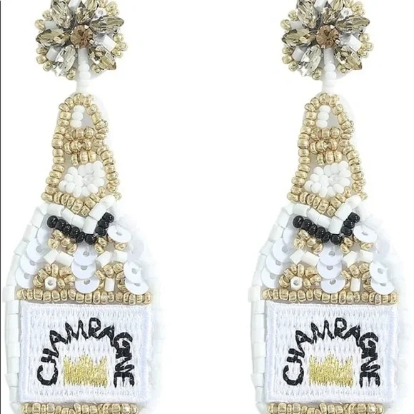 Champagne bottle earrings white gold beaded - Picture 1 of 6